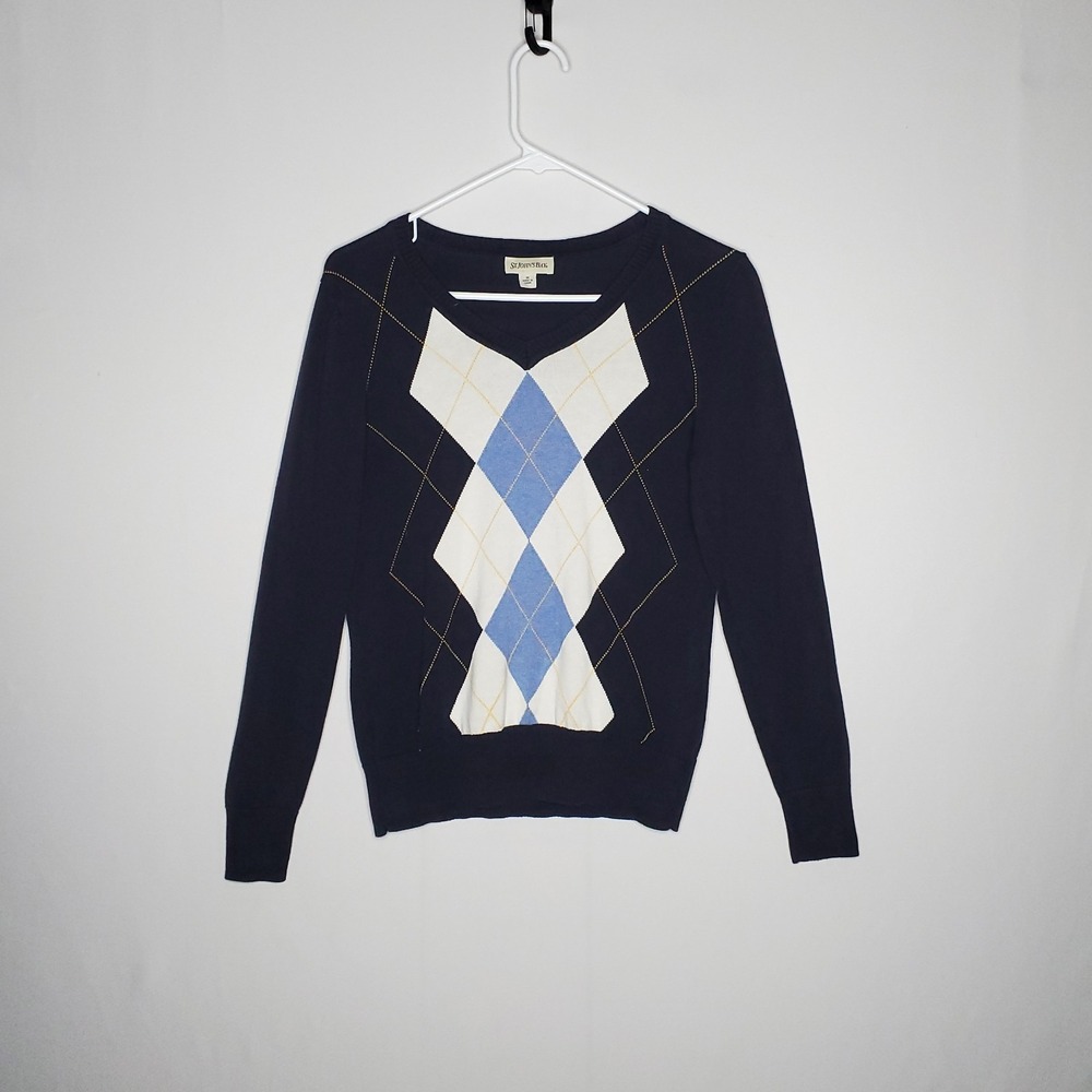 St John's Bay Argyle Sweater Women Medium Blue Vneck Cotton Preppy Classic...